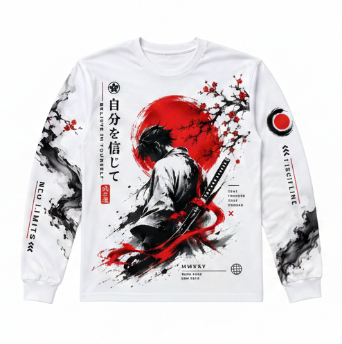 A white long-sleeve crewneck shirt featuring a Japanese samurai graphic print with a large red sun, black ink splatters, cherry blossoms, and Japanese text on the front and sleeves